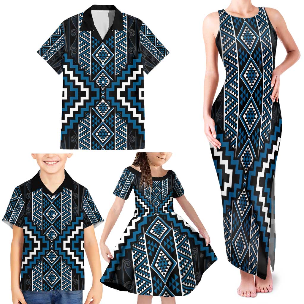 Azure Tukutuku Pattern Aotearoa Family Matching Tank Maxi Dress and Hawaiian Shirt Niho Taniwha and Puhoro Motifs