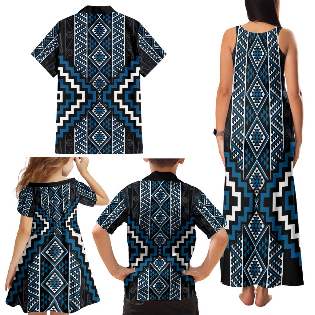 Azure Tukutuku Pattern Aotearoa Family Matching Tank Maxi Dress and Hawaiian Shirt Niho Taniwha and Puhoro Motifs