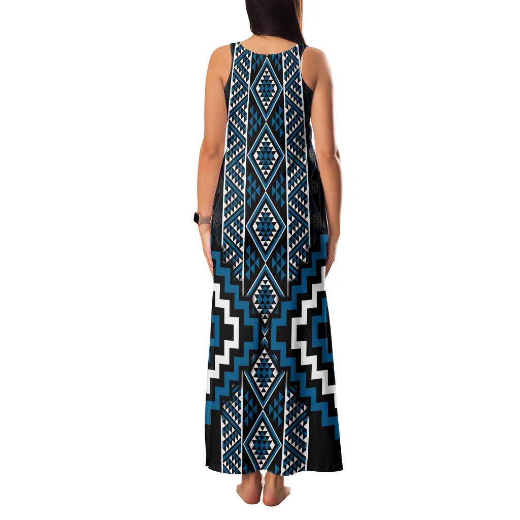 Azure Tukutuku Pattern Aotearoa Family Matching Tank Maxi Dress and Hawaiian Shirt Niho Taniwha and Puhoro Motifs