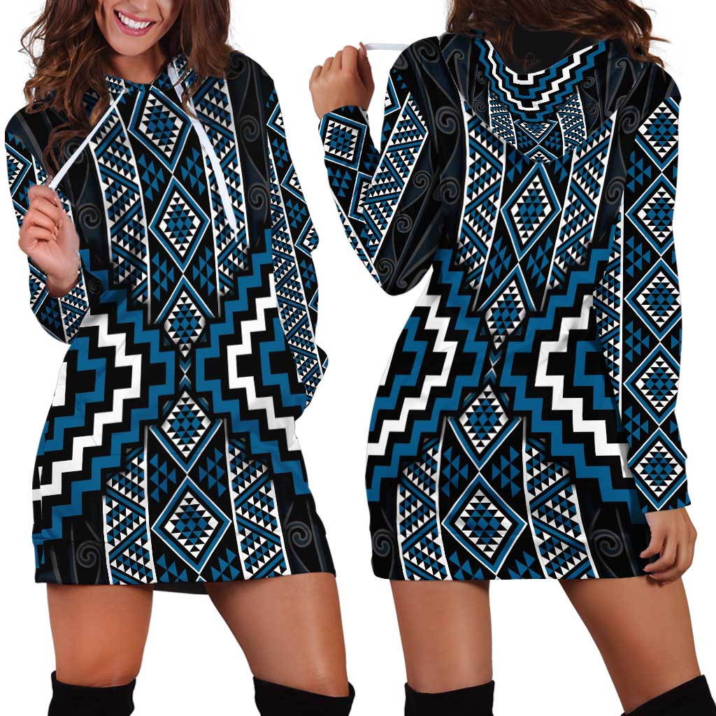 Azure Tukutuku Pattern Aotearoa Hoodie Dress Niho Taniwha and Puhoro Motifs - Vibe Hoodie Shop