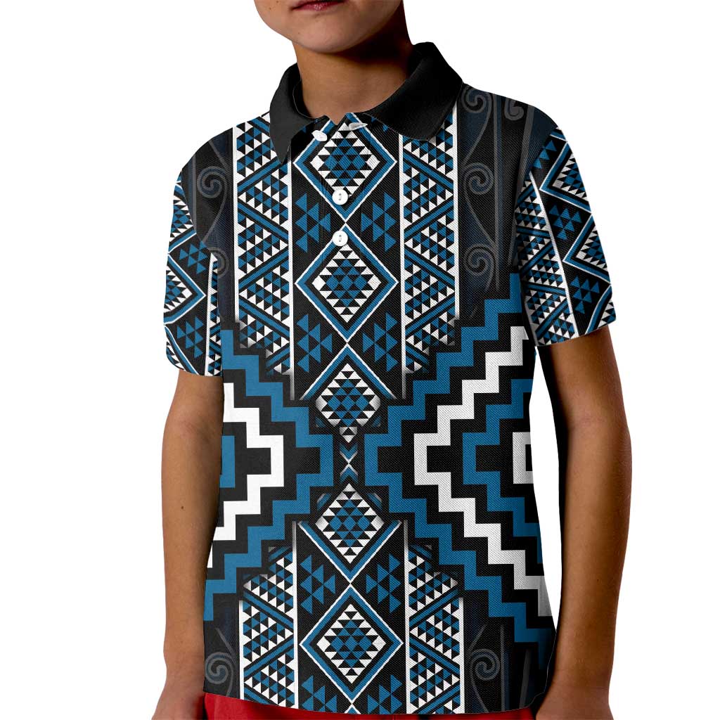 Azure Tukutuku Pattern Aotearoa Kid Polo Shirt Niho Taniwha and Puhoro Motifs - Vibe Hoodie Shop