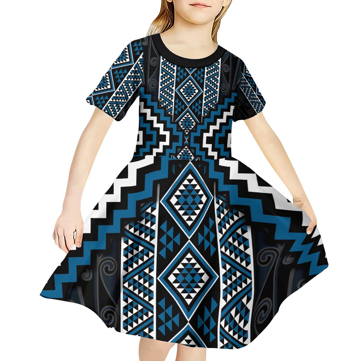 Azure Tukutuku Pattern Aotearoa Kid Short Sleeve Dress Niho Taniwha and Puhoro Motifs - Vibe Hoodie Shop