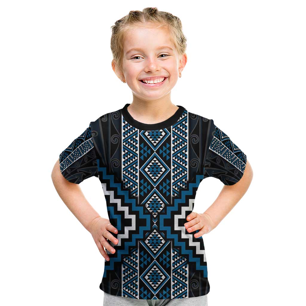 Azure Tukutuku Pattern Aotearoa Kid T Shirt Niho Taniwha and Puhoro Motifs - Vibe Hoodie Shop