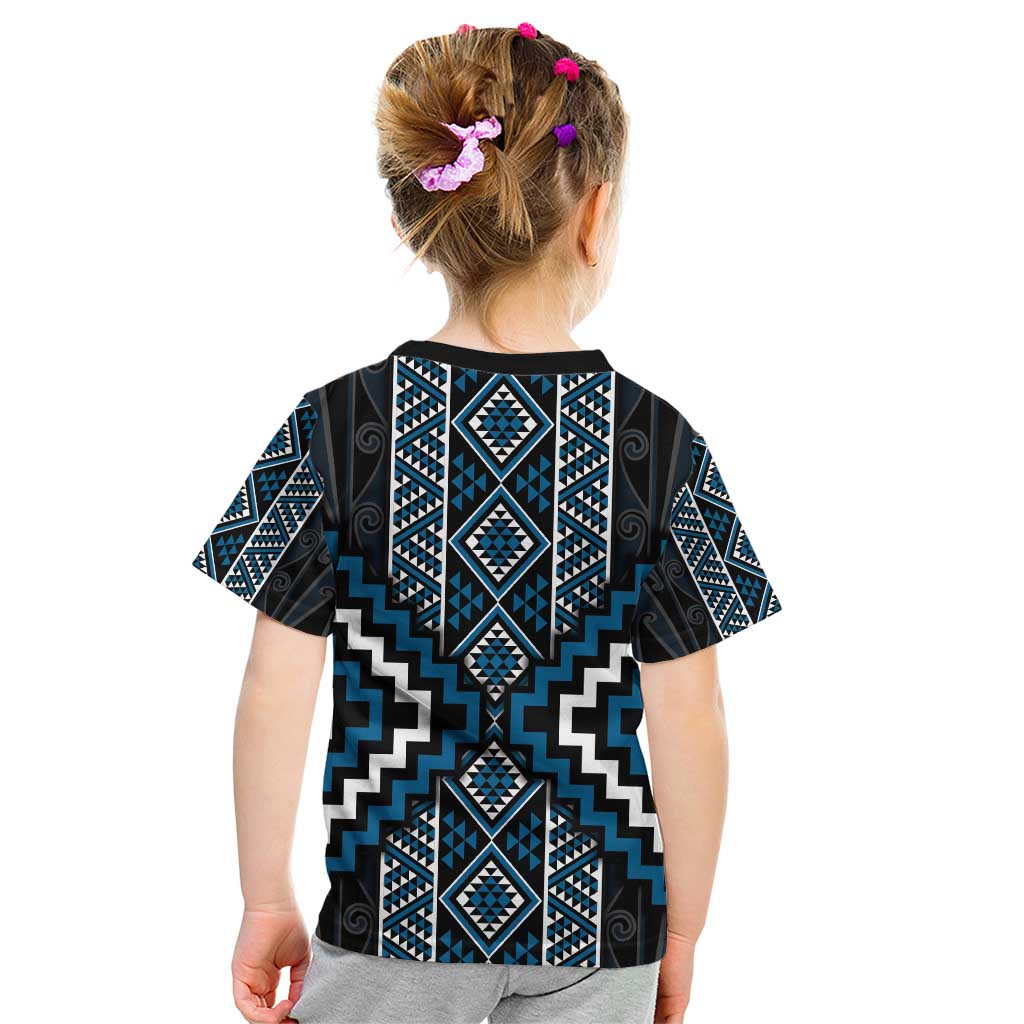 Azure Tukutuku Pattern Aotearoa Kid T Shirt Niho Taniwha and Puhoro Motifs - Vibe Hoodie Shop