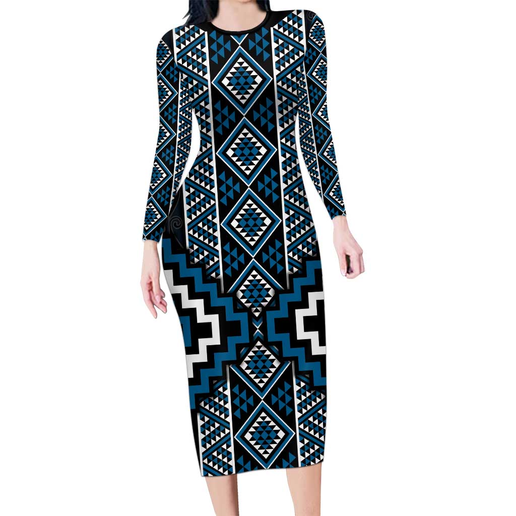 Azure Tukutuku Pattern Aotearoa Long Sleeve Bodycon Dress Niho Taniwha and Puhoro Motifs