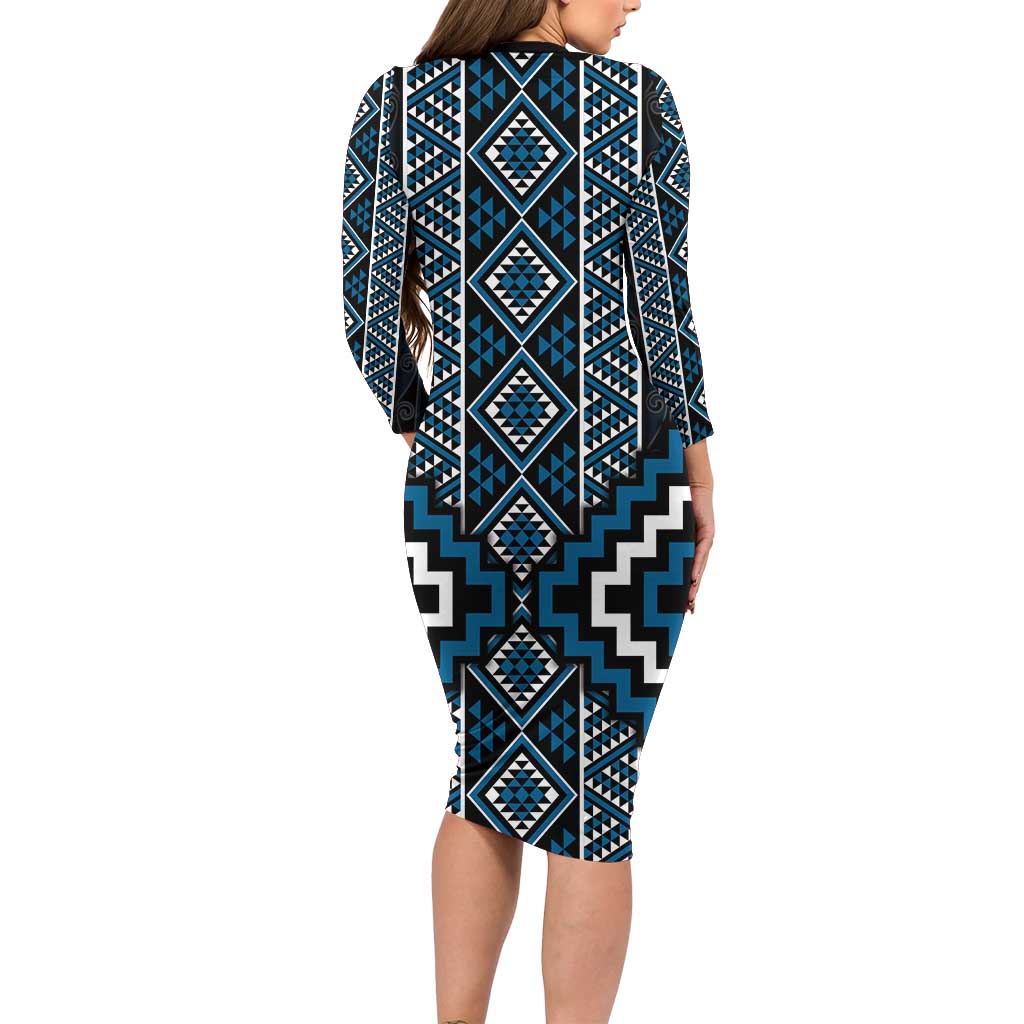 Azure Tukutuku Pattern Aotearoa Long Sleeve Bodycon Dress Niho Taniwha and Puhoro Motifs