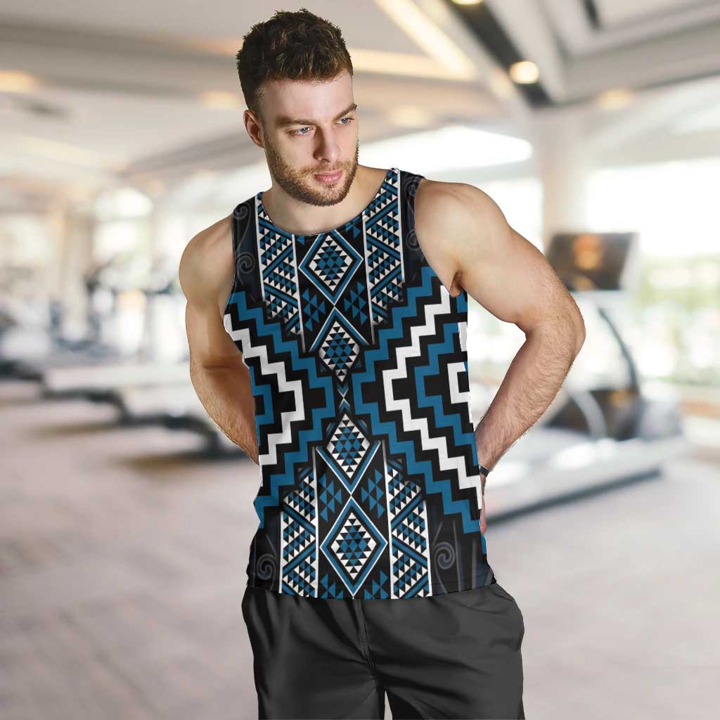 Azure Tukutuku Pattern Aotearoa Men Tank Top Niho Taniwha and Puhoro Motifs - Vibe Hoodie Shop