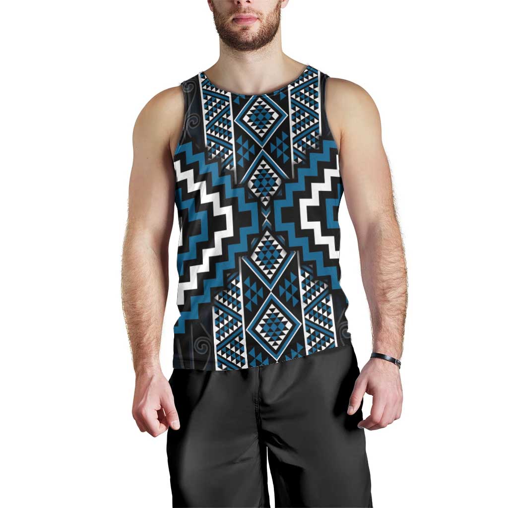 Azure Tukutuku Pattern Aotearoa Men Tank Top Niho Taniwha and Puhoro Motifs - Vibe Hoodie Shop