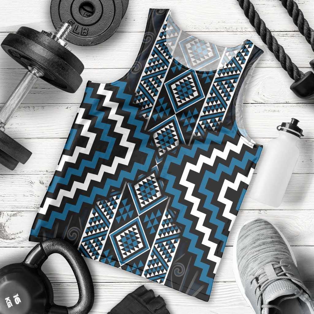 Azure Tukutuku Pattern Aotearoa Men Tank Top Niho Taniwha and Puhoro Motifs - Vibe Hoodie Shop