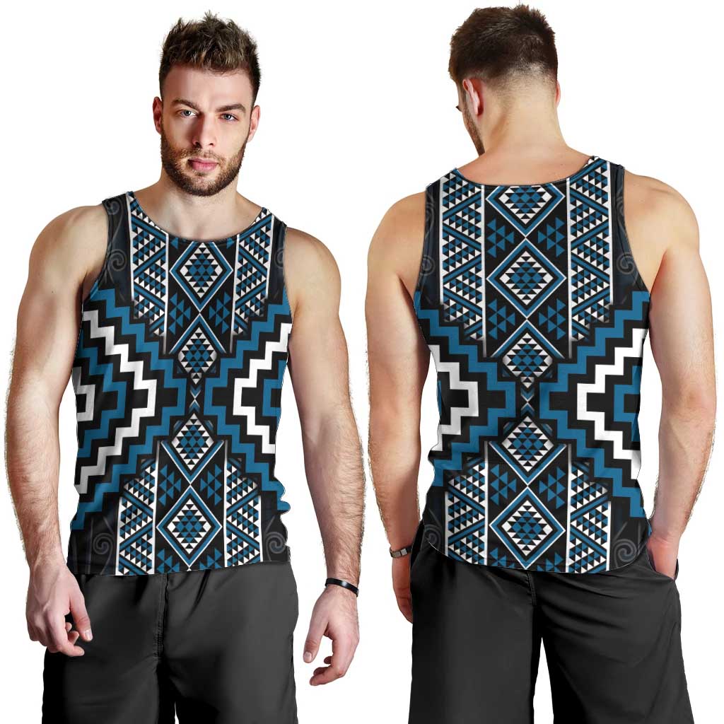 Azure Tukutuku Pattern Aotearoa Men Tank Top Niho Taniwha and Puhoro Motifs - Vibe Hoodie Shop