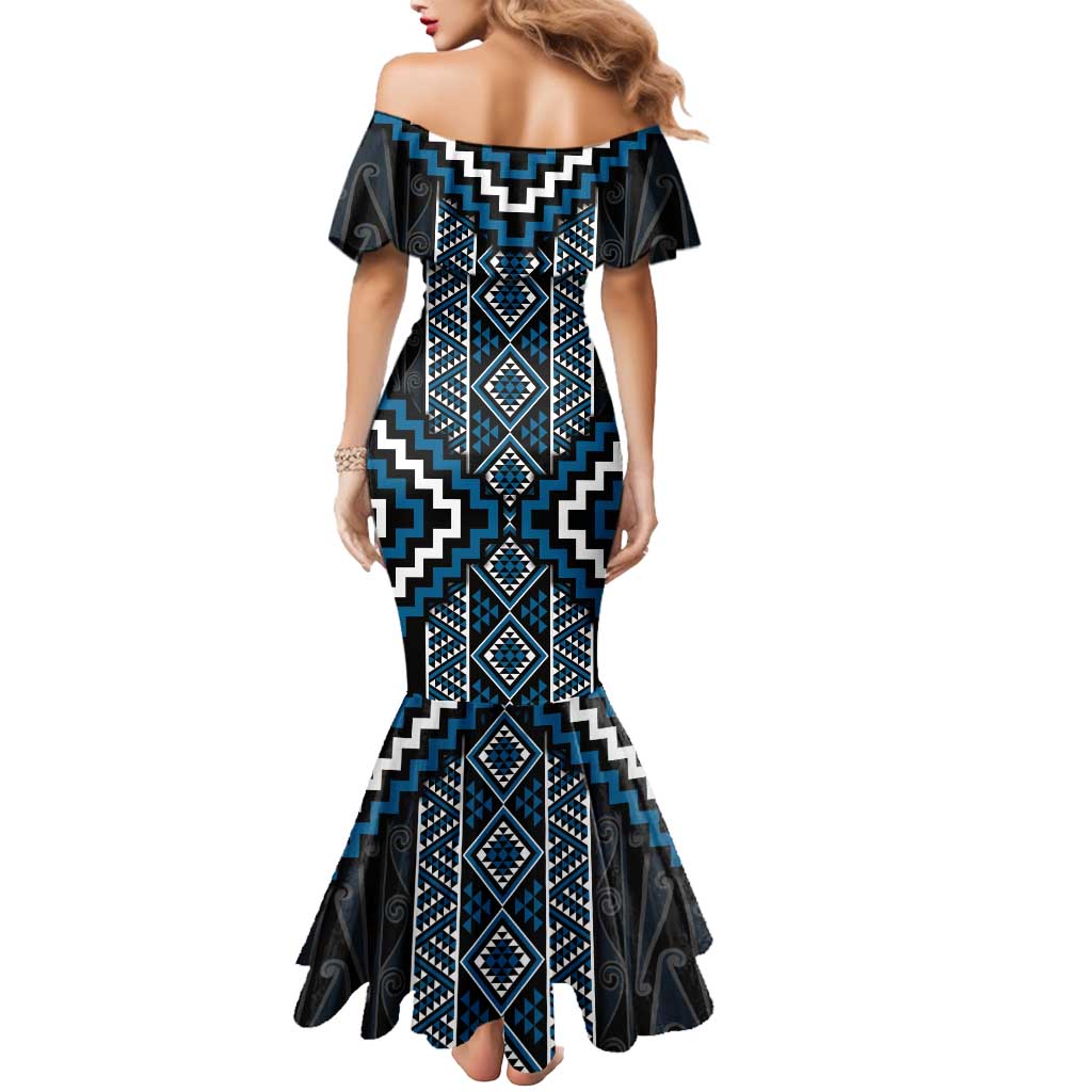 Azure Tukutuku Pattern Aotearoa Mermaid Dress Niho Taniwha and Puhoro Motifs