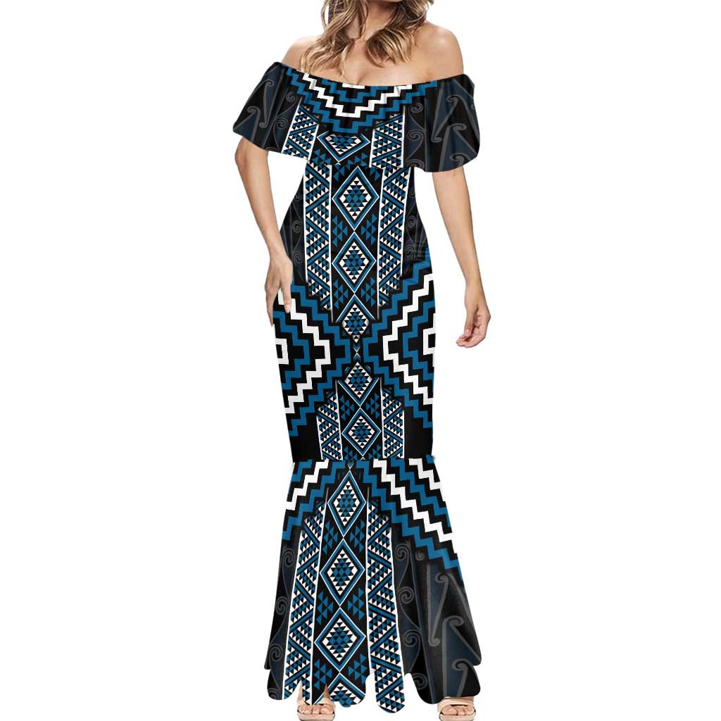 Azure Tukutuku Pattern Aotearoa Mermaid Dress Niho Taniwha and Puhoro Motifs