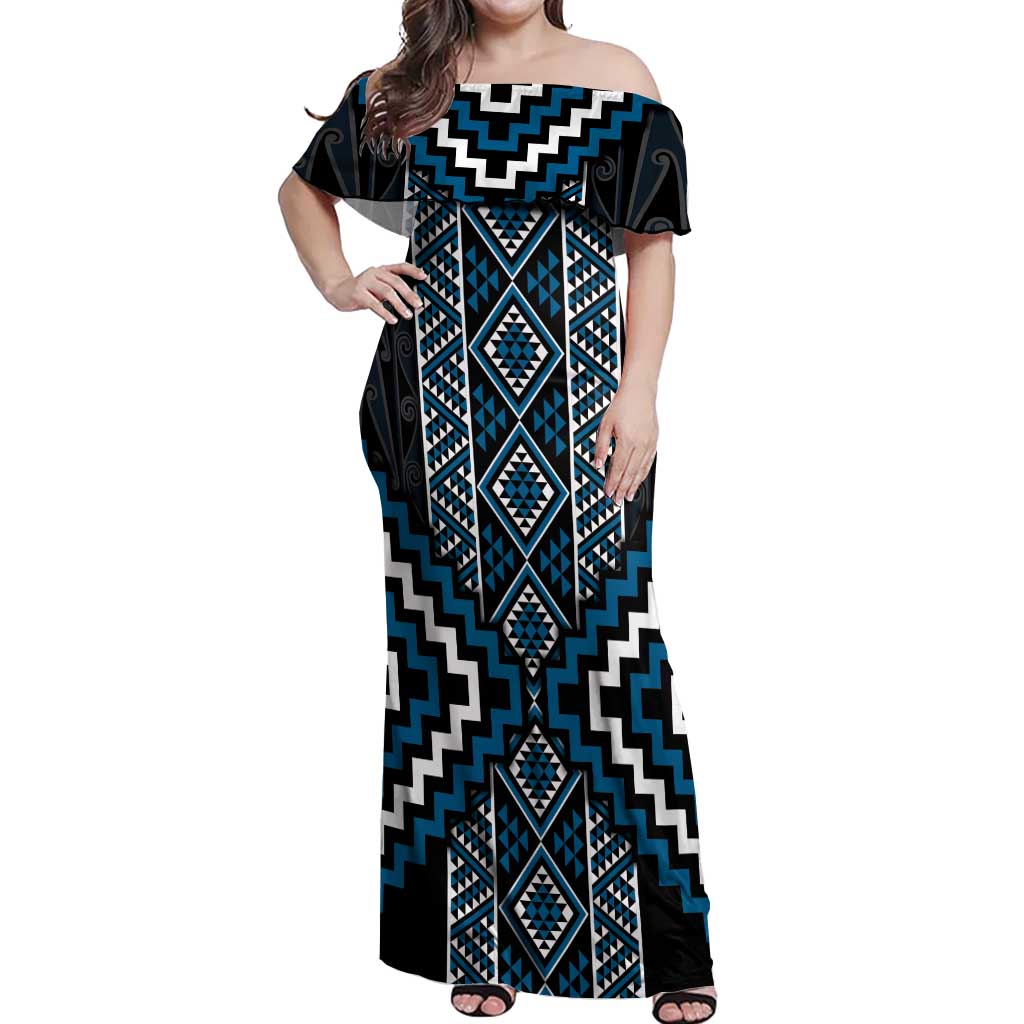 Azure Tukutuku Pattern Aotearoa Off Shoulder Maxi Dress Niho Taniwha and Puhoro Motifs