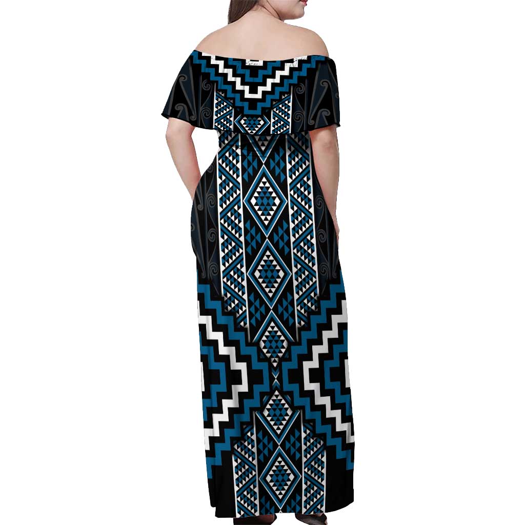 Azure Tukutuku Pattern Aotearoa Off Shoulder Maxi Dress Niho Taniwha and Puhoro Motifs