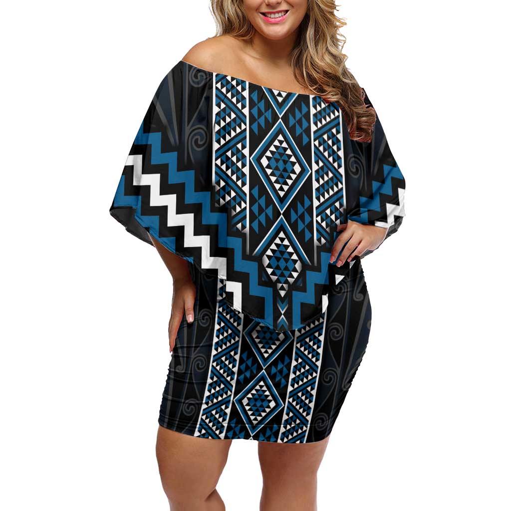 Azure Tukutuku Pattern Aotearoa Off Shoulder Short Dress Niho Taniwha and Puhoro Motifs