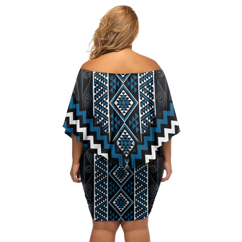 Azure Tukutuku Pattern Aotearoa Off Shoulder Short Dress Niho Taniwha and Puhoro Motifs