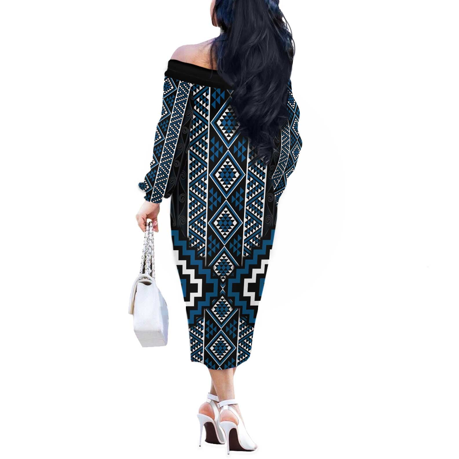 Azure Tukutuku Pattern Aotearoa Off The Shoulder Long Sleeve Dress Niho Taniwha and Puhoro Motifs