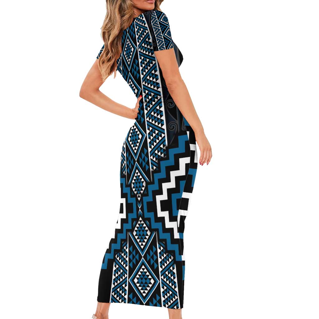 Azure Tukutuku Pattern Aotearoa Short Sleeve Bodycon Dress Niho Taniwha and Puhoro Motifs