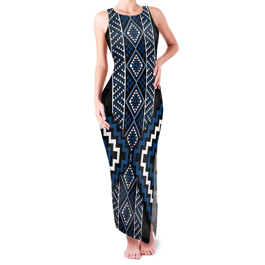 Azure Tukutuku Pattern Aotearoa Tank Maxi Dress Niho Taniwha and Puhoro Motifs