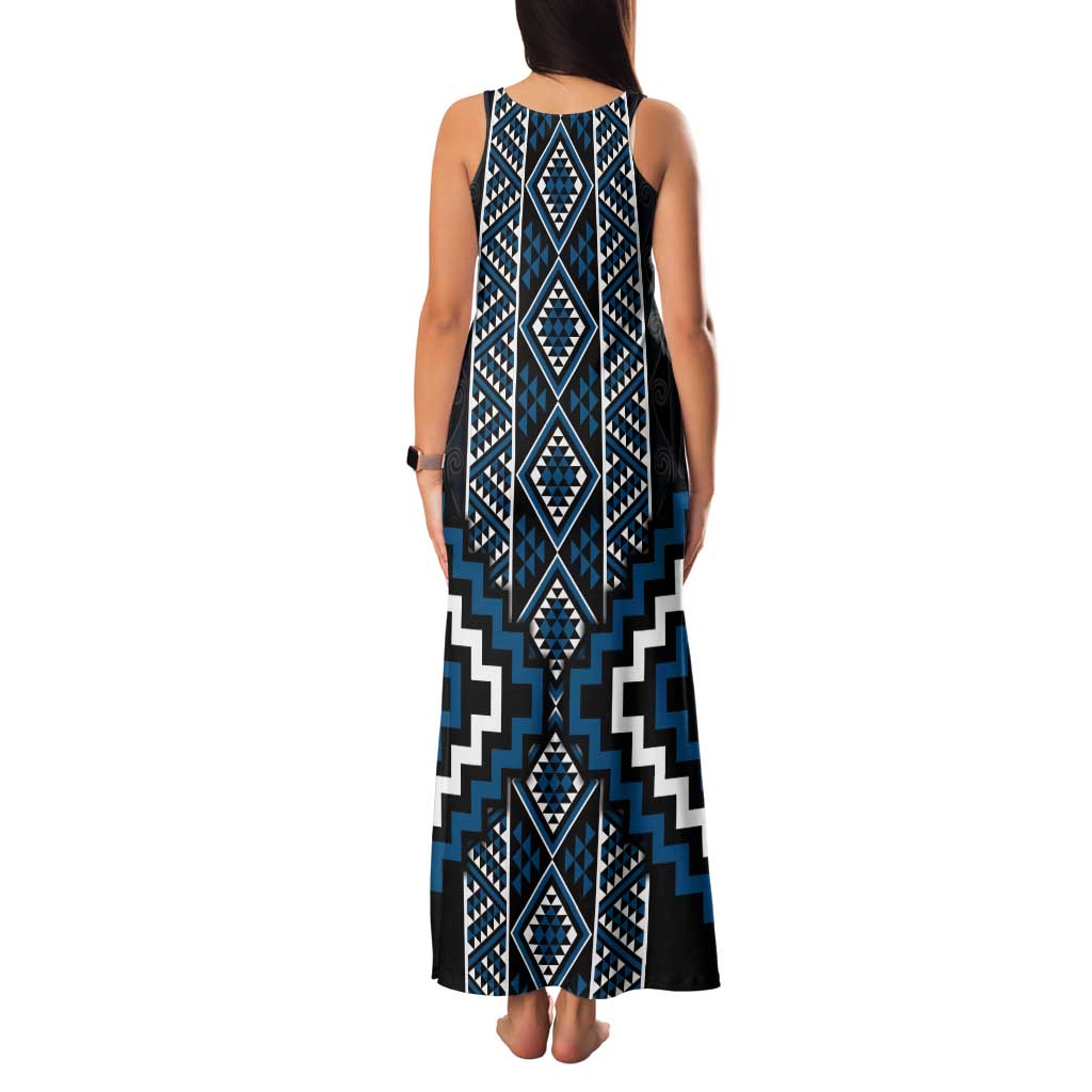 Azure Tukutuku Pattern Aotearoa Tank Maxi Dress Niho Taniwha and Puhoro Motifs