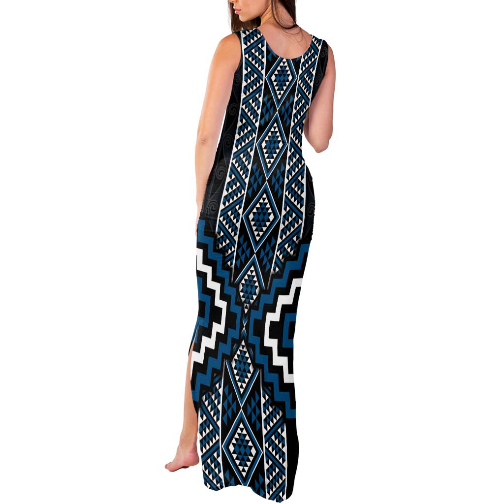 Azure Tukutuku Pattern Aotearoa Tank Maxi Dress Niho Taniwha and Puhoro Motifs