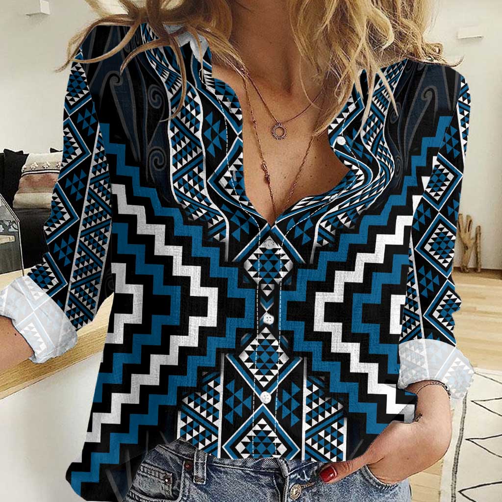 Azure Tukutuku Pattern Aotearoa Women Casual Shirt Niho Taniwha and Puhoro Motifs - Vibe Hoodie Shop