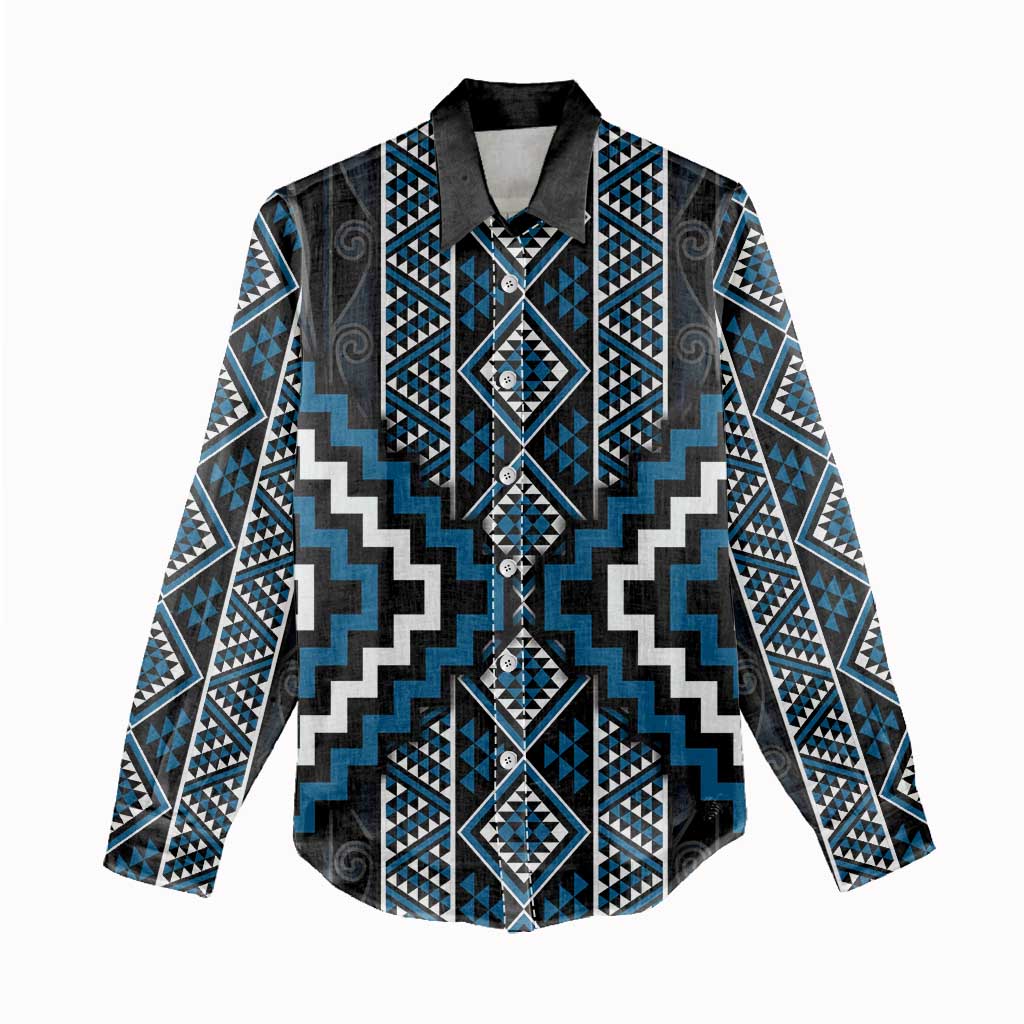 Azure Tukutuku Pattern Aotearoa Women Casual Shirt Niho Taniwha and Puhoro Motifs - Vibe Hoodie Shop