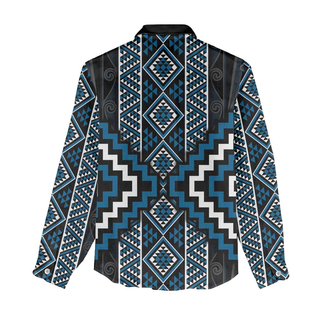 Azure Tukutuku Pattern Aotearoa Women Casual Shirt Niho Taniwha and Puhoro Motifs - Vibe Hoodie Shop