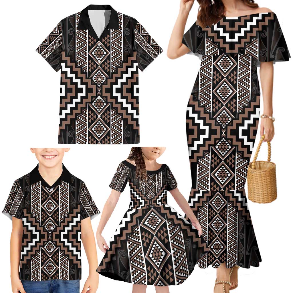 Classic Tukutuku Pattern Aotearoa Family Matching Mermaid Dress and Hawaiian Shirt Niho Taniwha and Puhoro Motifs