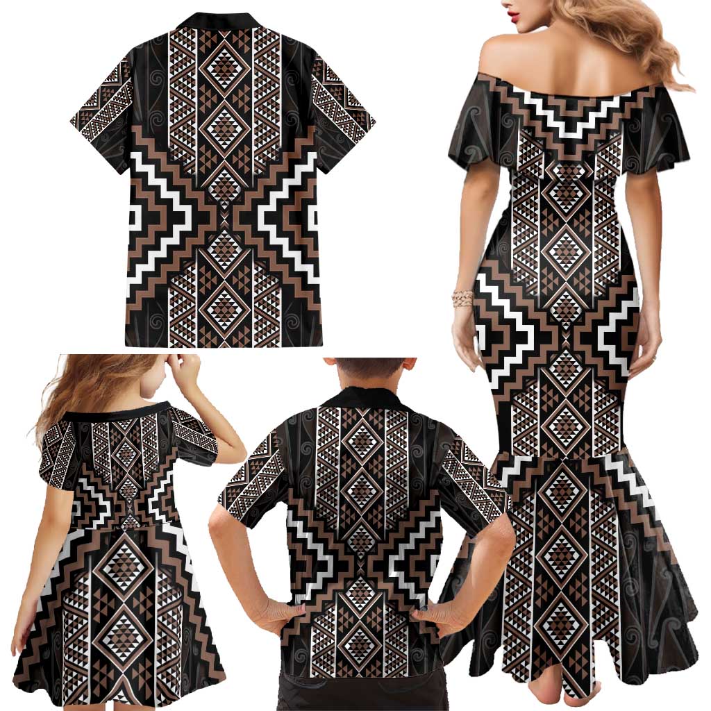 Classic Tukutuku Pattern Aotearoa Family Matching Mermaid Dress and Hawaiian Shirt Niho Taniwha and Puhoro Motifs