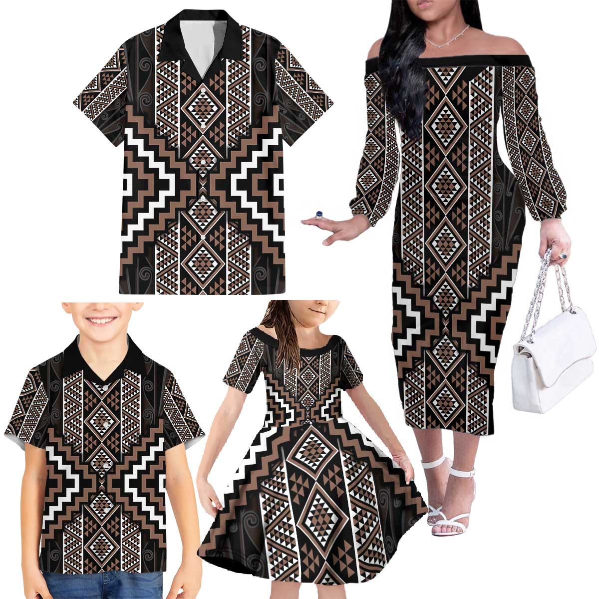 Classic Tukutuku Pattern Aotearoa Family Matching Off The Shoulder Long Sleeve Dress and Hawaiian Shirt Niho Taniwha and Puhoro Motifs