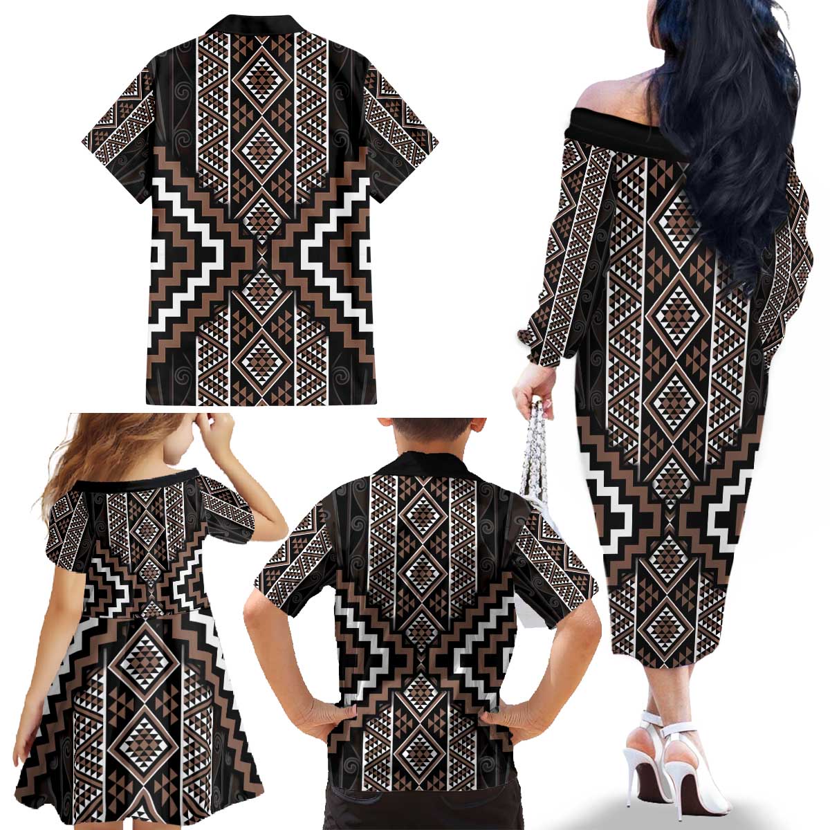 Classic Tukutuku Pattern Aotearoa Family Matching Off The Shoulder Long Sleeve Dress and Hawaiian Shirt Niho Taniwha and Puhoro Motifs