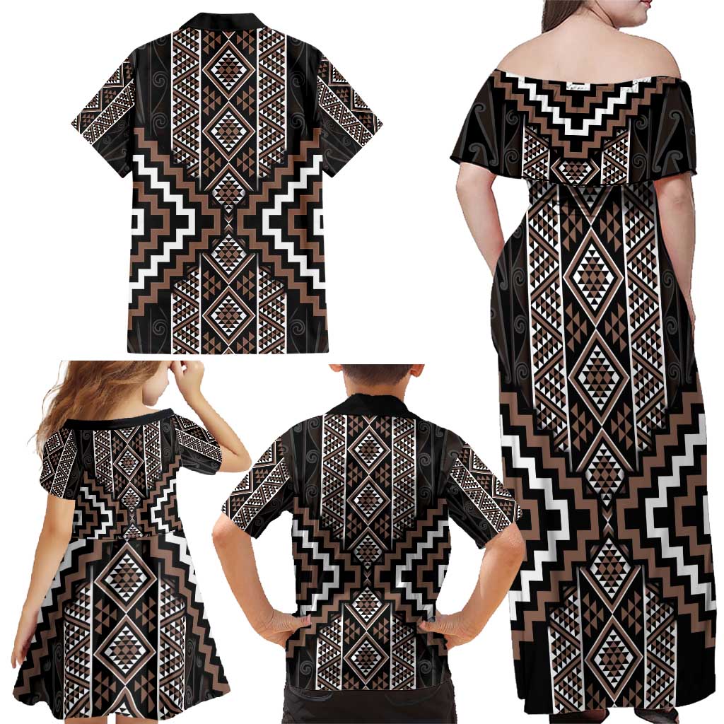 Classic Tukutuku Pattern Aotearoa Family Matching Off Shoulder Maxi Dress and Hawaiian Shirt Niho Taniwha and Puhoro Motifs