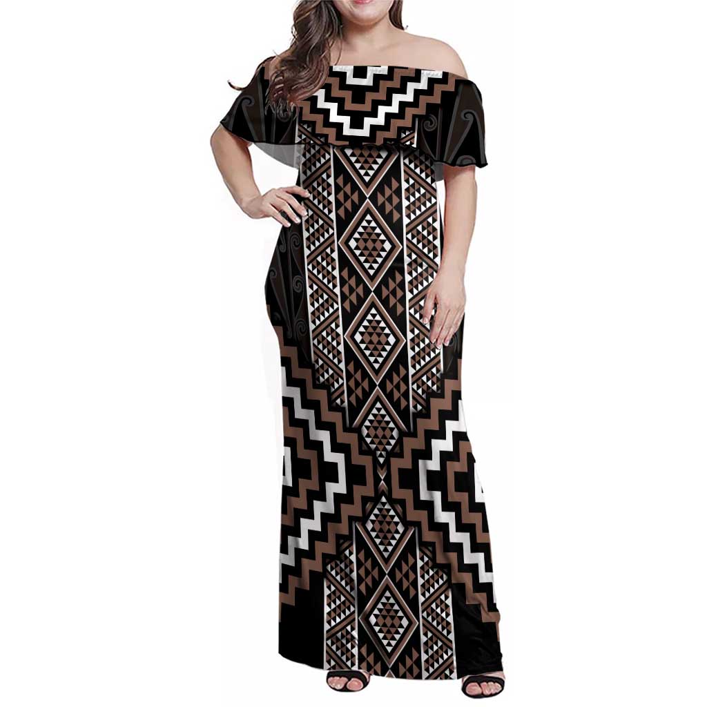 Classic Tukutuku Pattern Aotearoa Family Matching Off Shoulder Maxi Dress and Hawaiian Shirt Niho Taniwha and Puhoro Motifs