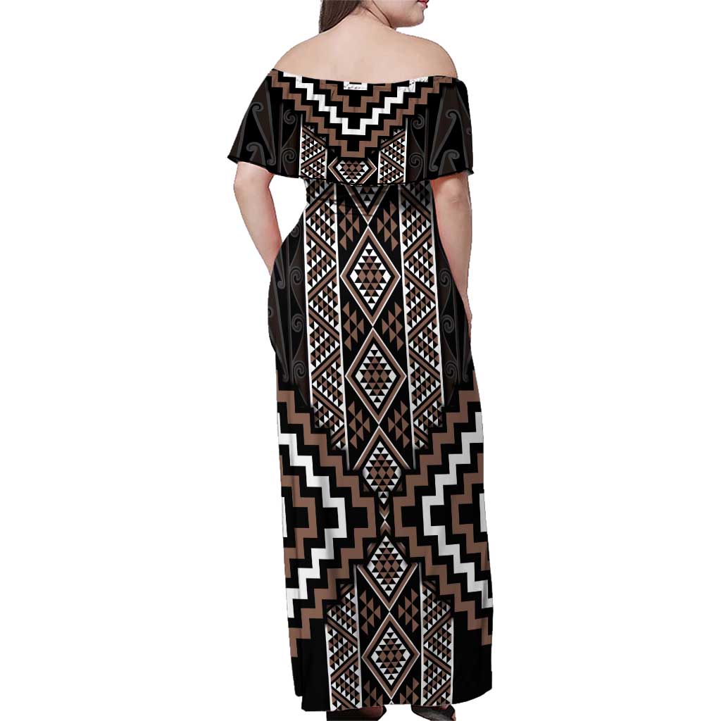 Classic Tukutuku Pattern Aotearoa Family Matching Off Shoulder Maxi Dress and Hawaiian Shirt Niho Taniwha and Puhoro Motifs