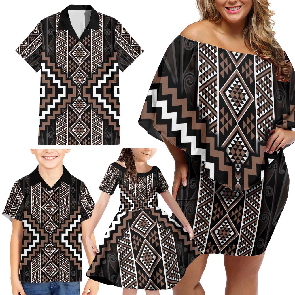 Classic Tukutuku Pattern Aotearoa Family Matching Off Shoulder Short Dress and Hawaiian Shirt Niho Taniwha and Puhoro Motifs