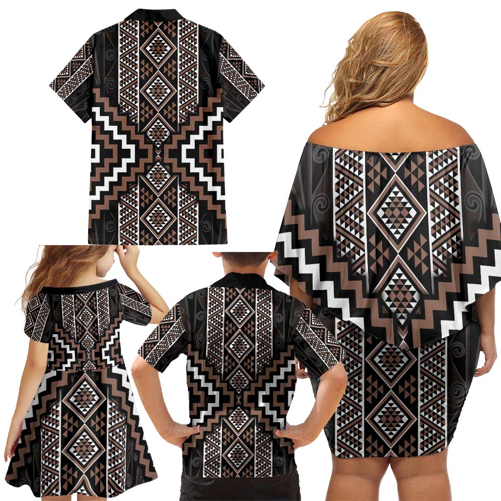 Classic Tukutuku Pattern Aotearoa Family Matching Off Shoulder Short Dress and Hawaiian Shirt Niho Taniwha and Puhoro Motifs