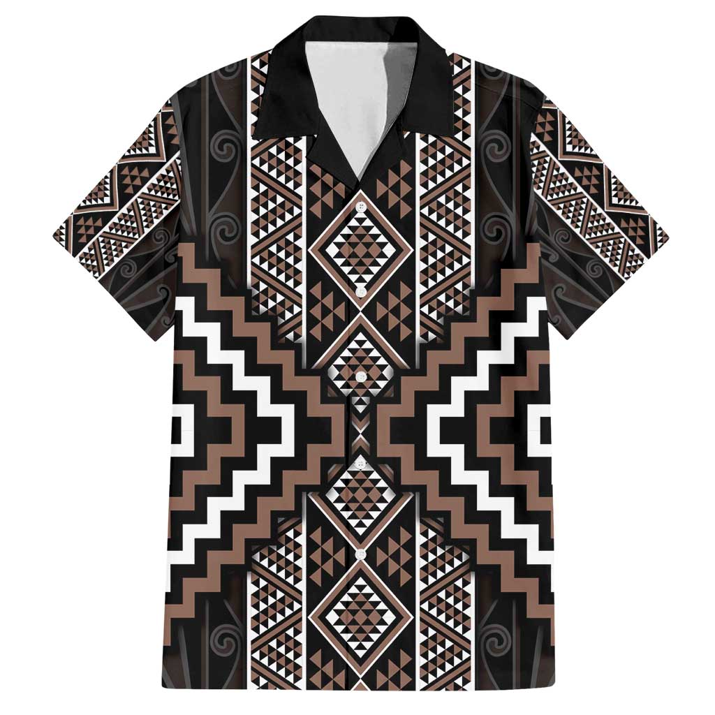 Classic Tukutuku Pattern Aotearoa Family Matching Off Shoulder Short Dress and Hawaiian Shirt Niho Taniwha and Puhoro Motifs