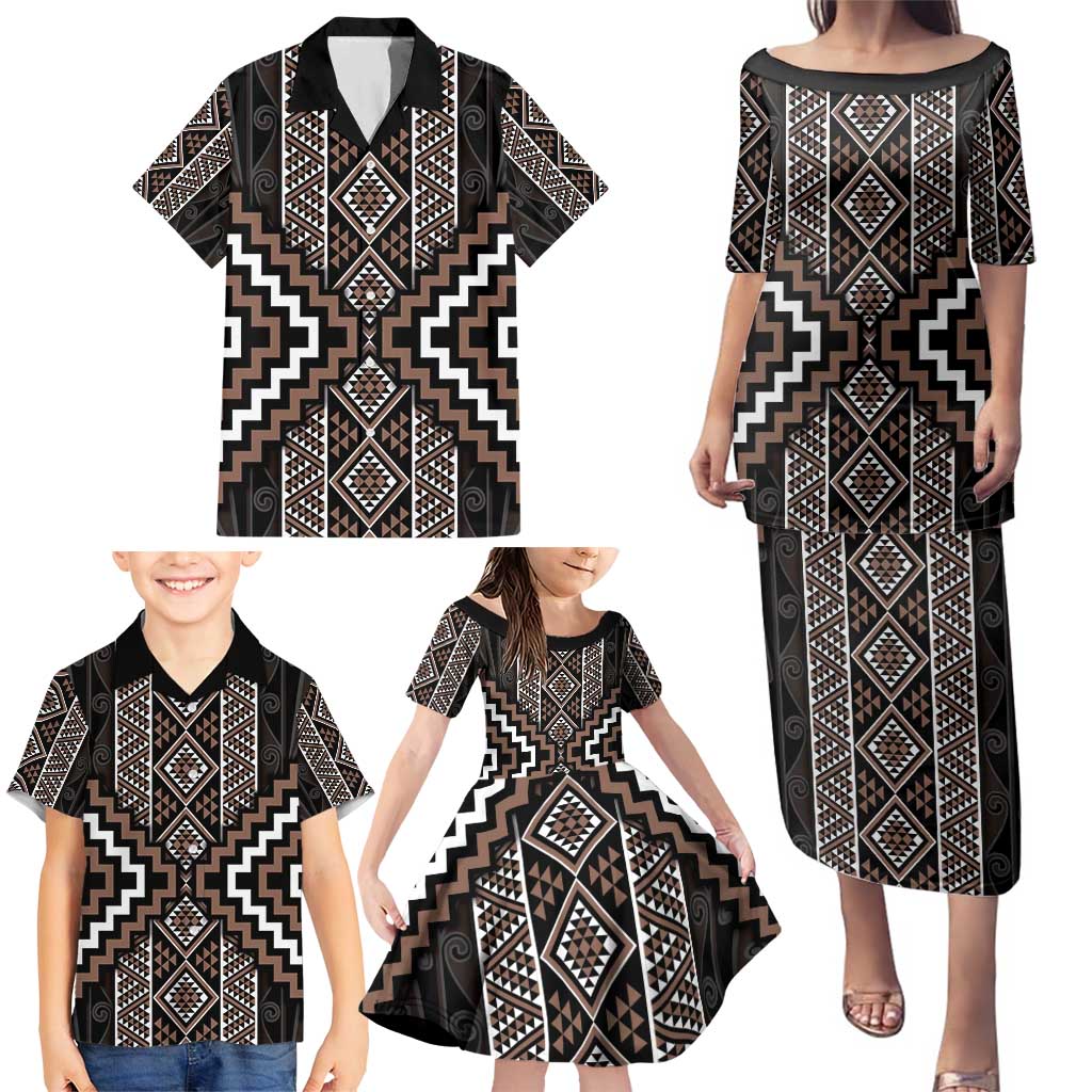 Classic Tukutuku Pattern Aotearoa Family Matching Puletasi and Hawaiian Shirt Niho Taniwha and Puhoro Motifs