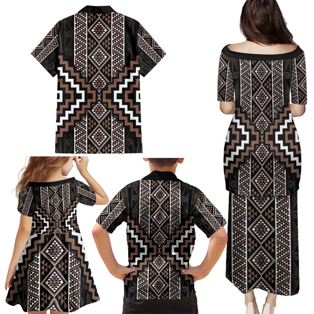 Classic Tukutuku Pattern Aotearoa Family Matching Puletasi and Hawaiian Shirt Niho Taniwha and Puhoro Motifs