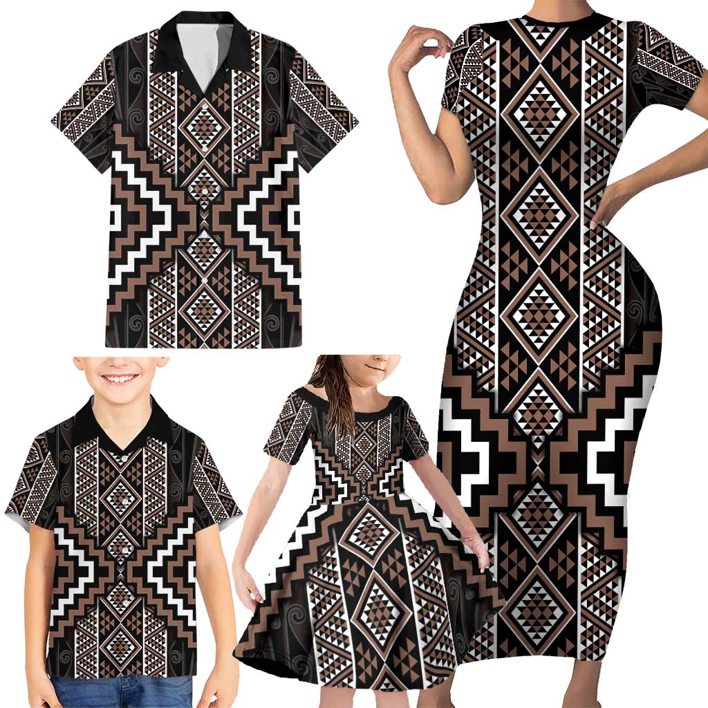 Classic Tukutuku Pattern Aotearoa Family Matching Short Sleeve Bodycon Dress and Hawaiian Shirt Niho Taniwha and Puhoro Motifs