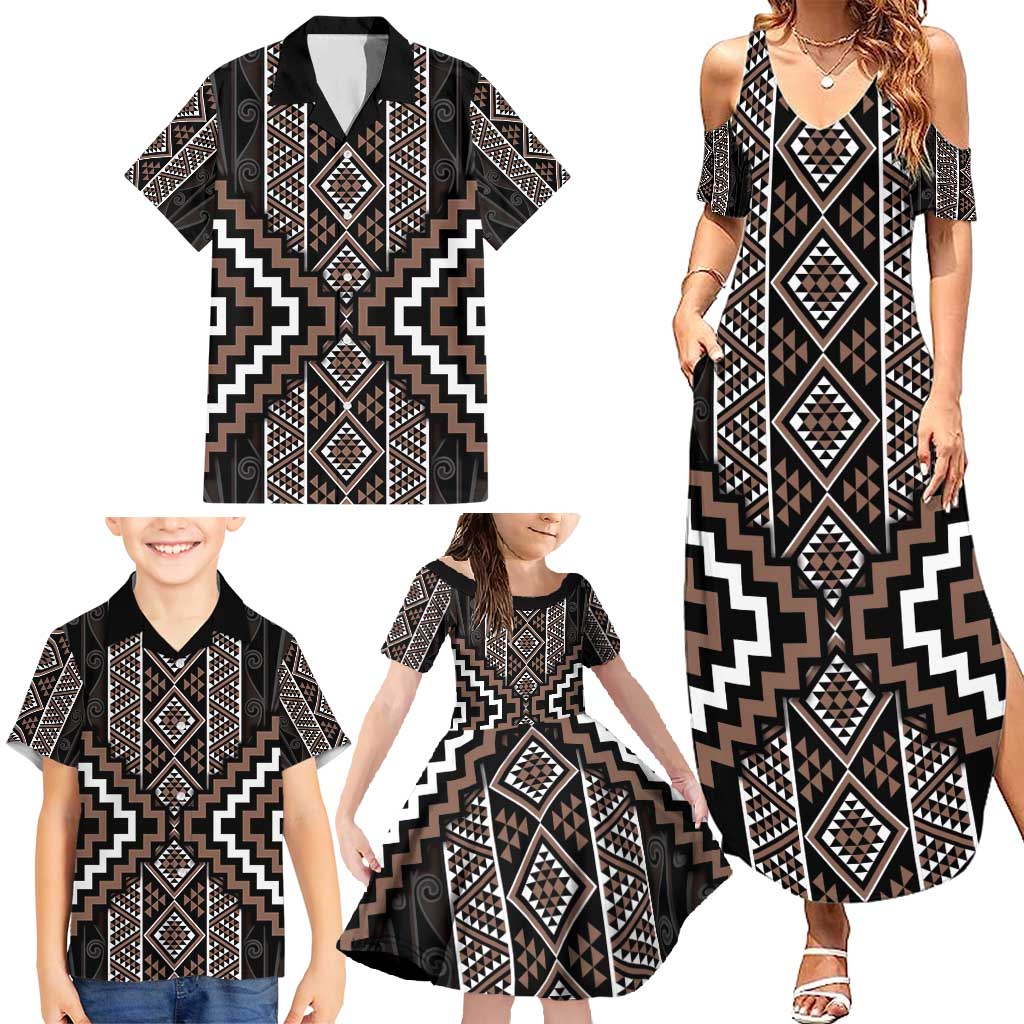 Classic Tukutuku Pattern Aotearoa Family Matching Summer Maxi Dress and Hawaiian Shirt Niho Taniwha and Puhoro Motifs