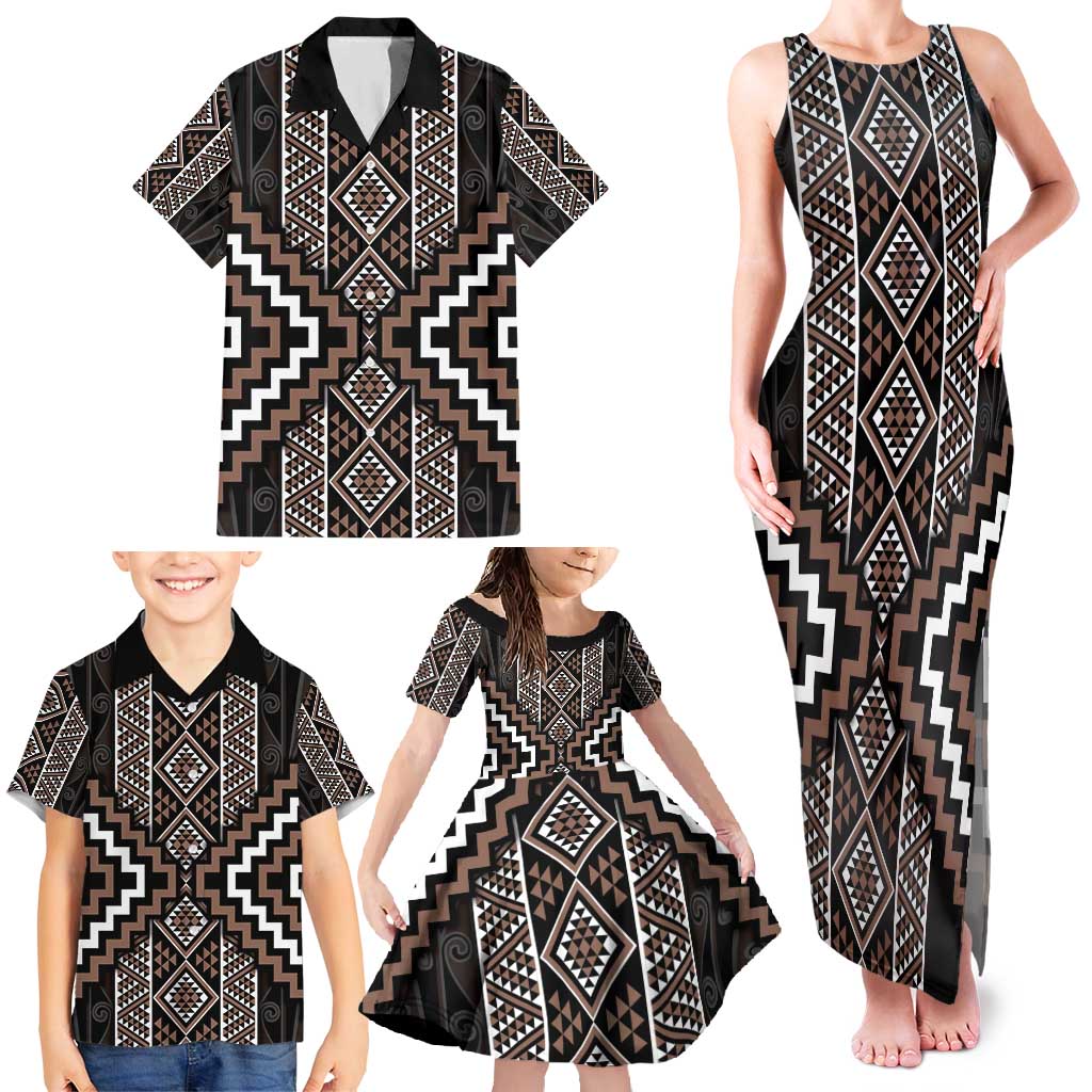 Classic Tukutuku Pattern Aotearoa Family Matching Tank Maxi Dress and Hawaiian Shirt Niho Taniwha and Puhoro Motifs