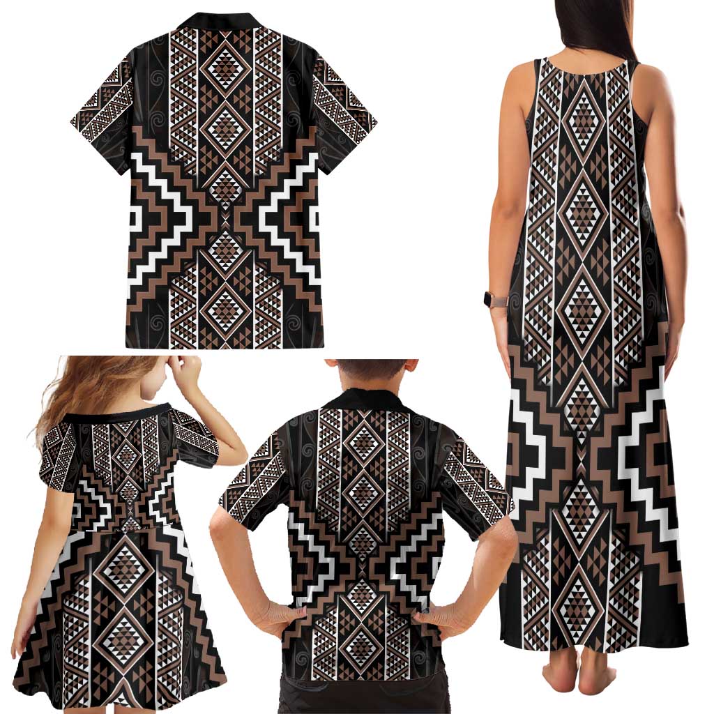 Classic Tukutuku Pattern Aotearoa Family Matching Tank Maxi Dress and Hawaiian Shirt Niho Taniwha and Puhoro Motifs