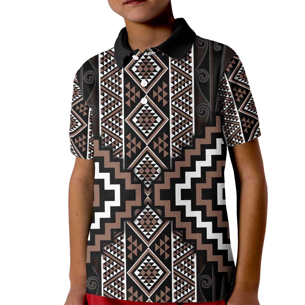 Classic Tukutuku Pattern Aotearoa Kid Polo Shirt Niho Taniwha and Puhoro Motifs - Vibe Hoodie Shop