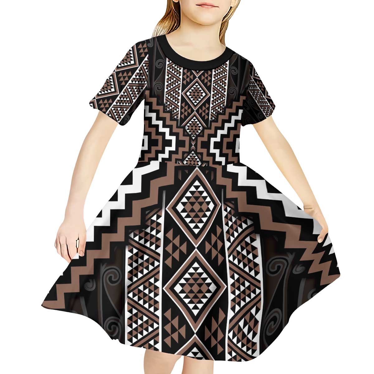 Classic Tukutuku Pattern Aotearoa Kid Short Sleeve Dress Niho Taniwha and Puhoro Motifs - Vibe Hoodie Shop