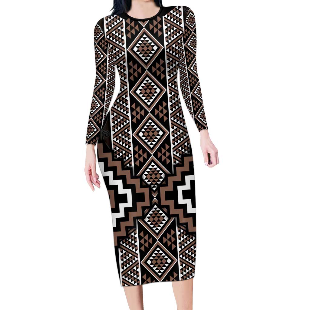 Classic Tukutuku Pattern Aotearoa Long Sleeve Bodycon Dress Niho Taniwha and Puhoro Motifs