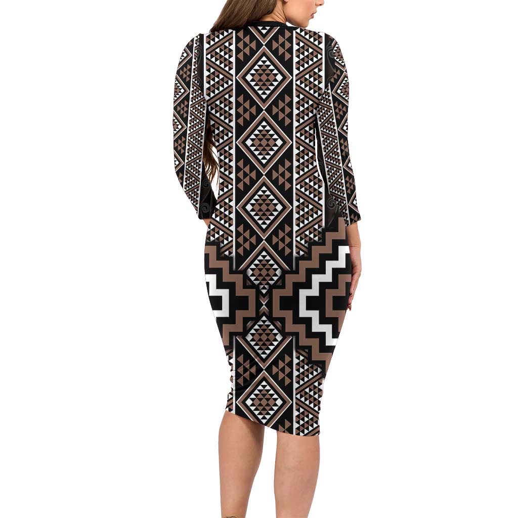 Classic Tukutuku Pattern Aotearoa Long Sleeve Bodycon Dress Niho Taniwha and Puhoro Motifs