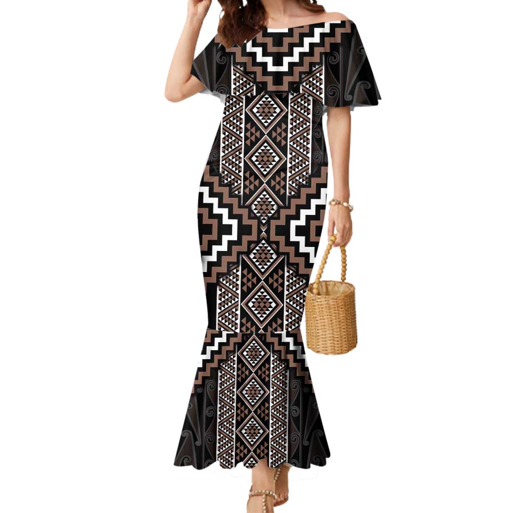 Classic Tukutuku Pattern Aotearoa Mermaid Dress Niho Taniwha and Puhoro Motifs