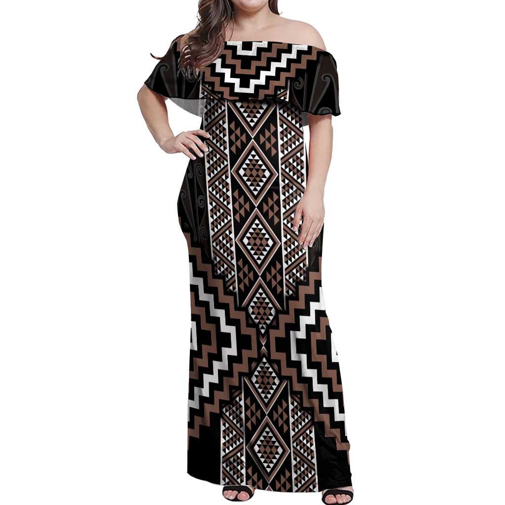 Classic Tukutuku Pattern Aotearoa Off Shoulder Maxi Dress Niho Taniwha and Puhoro Motifs